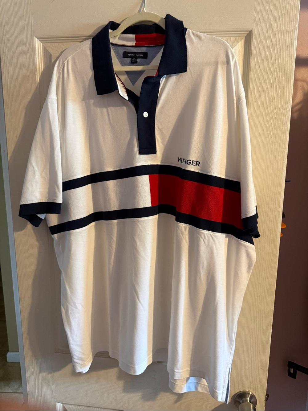 Tommy Hilfiger Men’s White Polo with Navy Collar and Red Chest Block